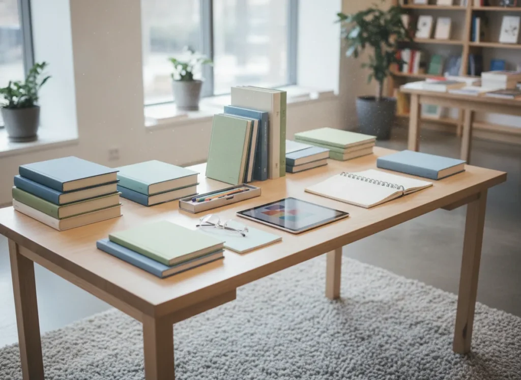 real photo of neatly arranged educational books, notebooks,
