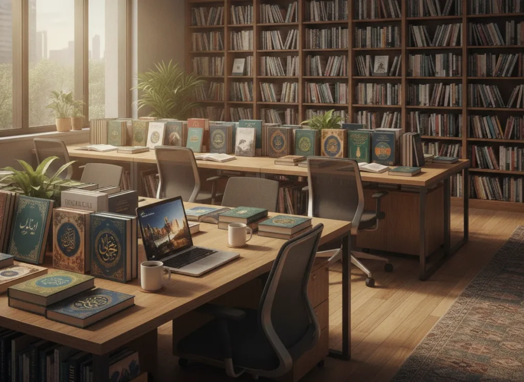 Modern bookstore workspace with neatly arranged Urdu and