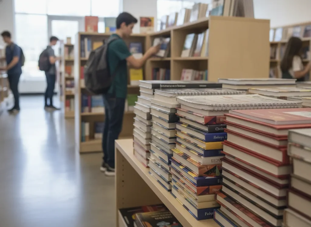 Close view of stacked school and college books