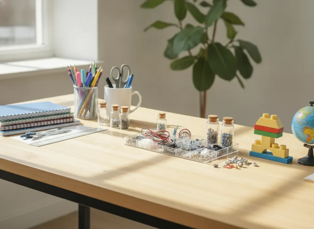 real photo of neatly arranged educational supplies and